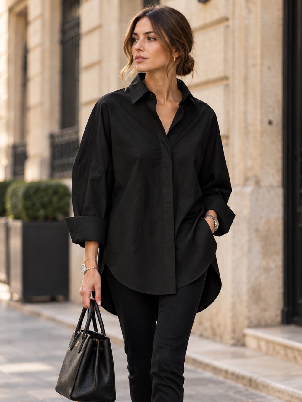 Oversized round hem button down shirt minimalist black white